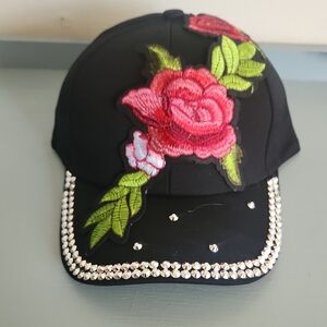 Black Floral Embroidered Rhinestone Baseball Cap